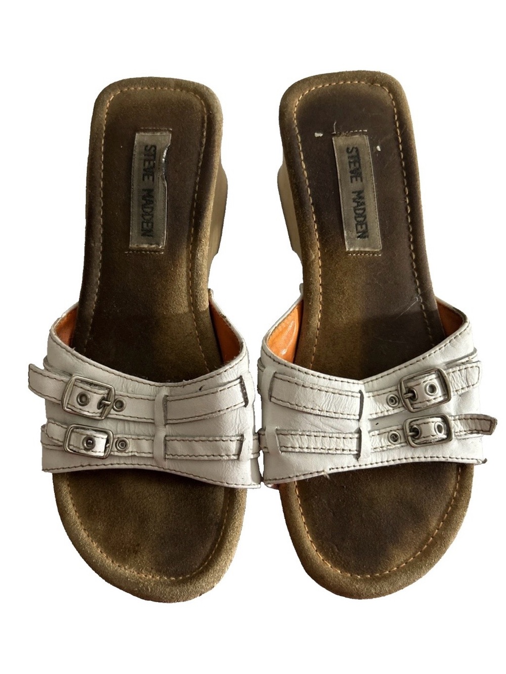 Vintage Y2K Steve Madden Leather White Platform Sandals Wood Heel 7 Slip On